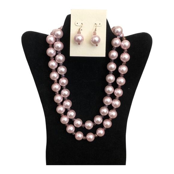 Handmade Light Pink Pearl Like Beads Long Necklace Matching Dangle Earrings Set - Picture 6 of 10